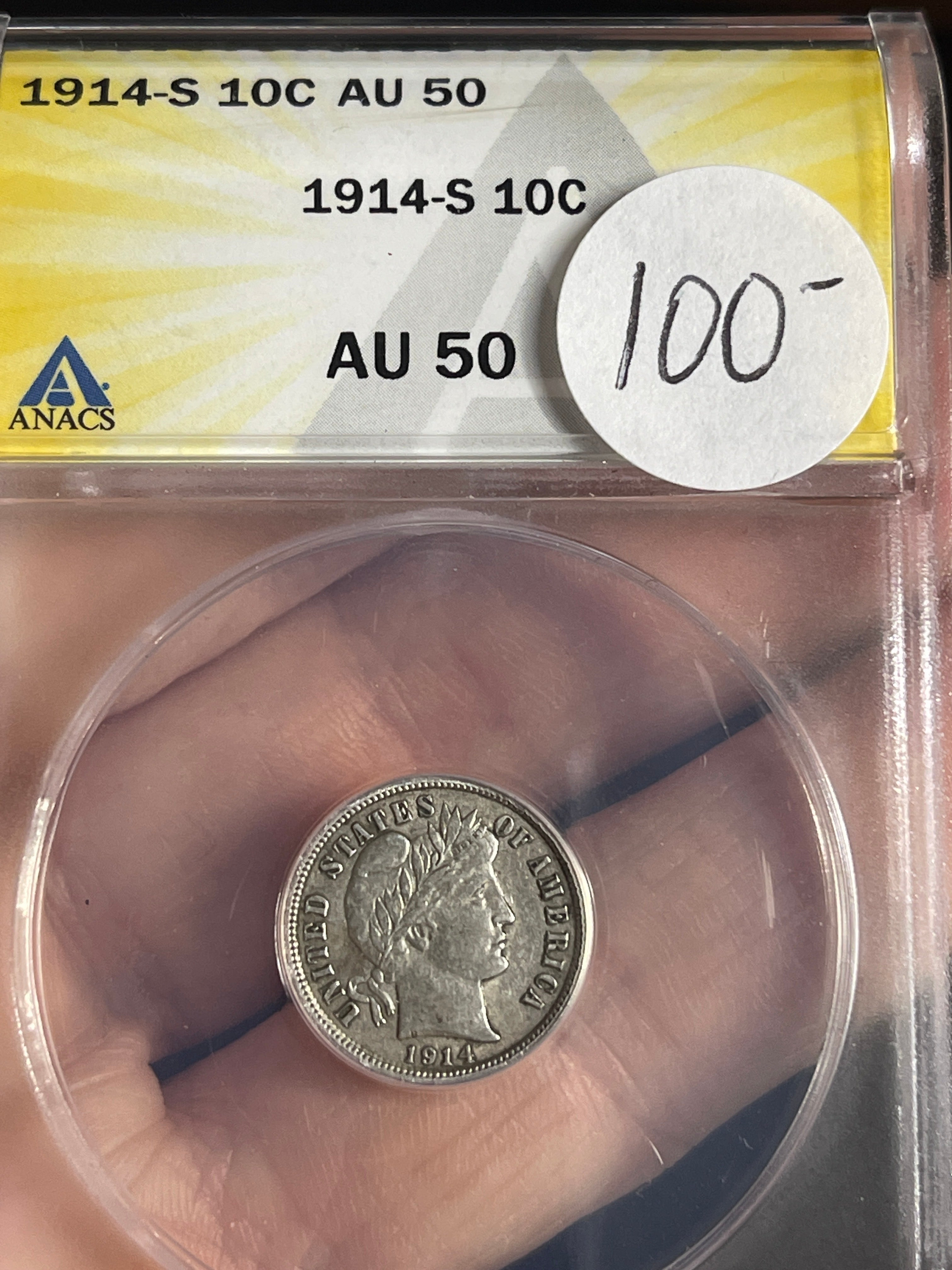 1914-S Barber Dime ANACS AU50