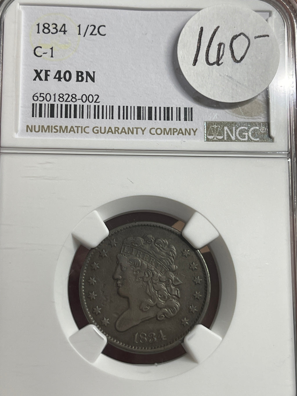 1834 Half Cent Classic Head C-1 NGC XF40 BN