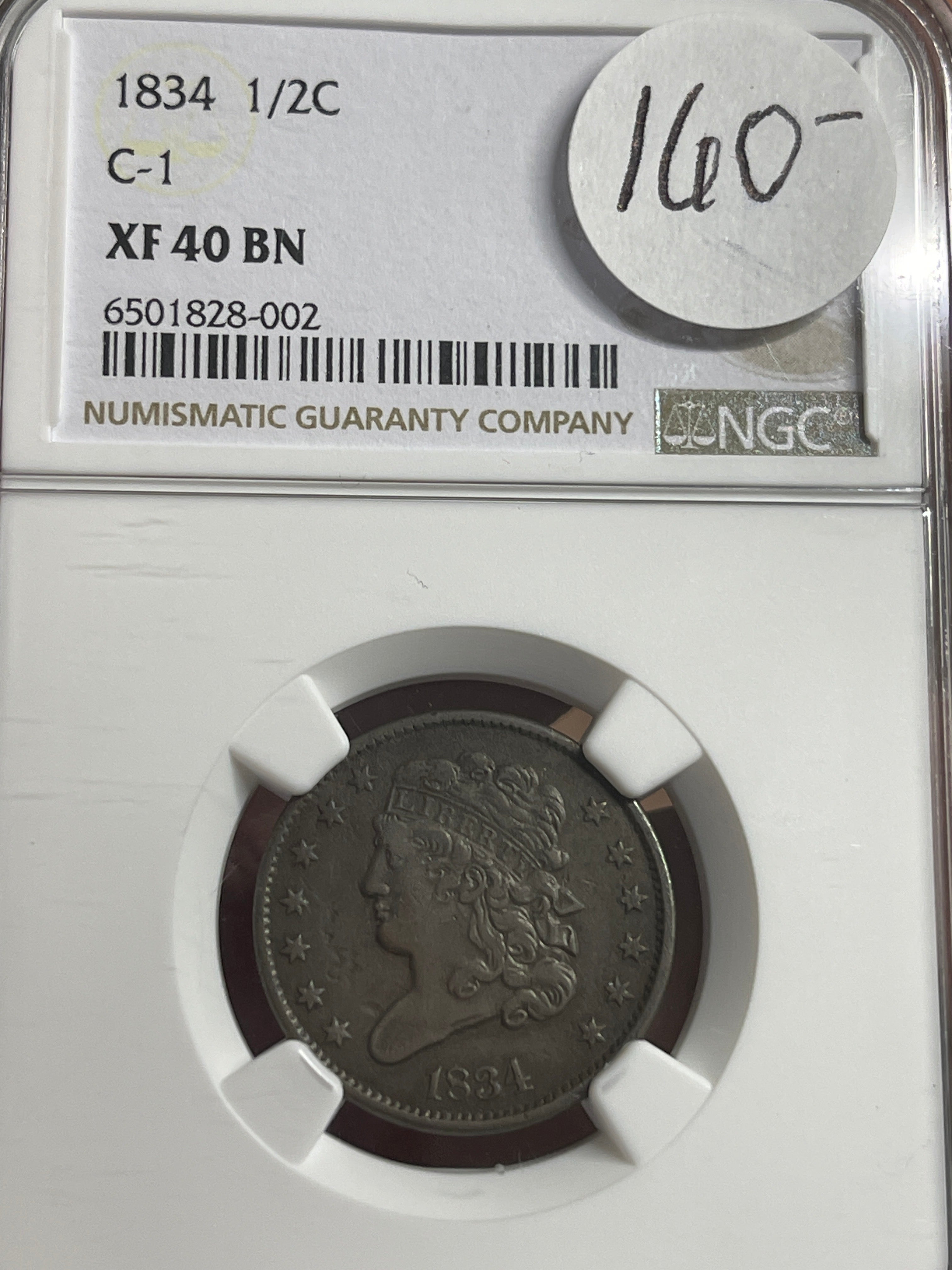 1834 Half Cent Classic Head C-1 NGC XF40 BN